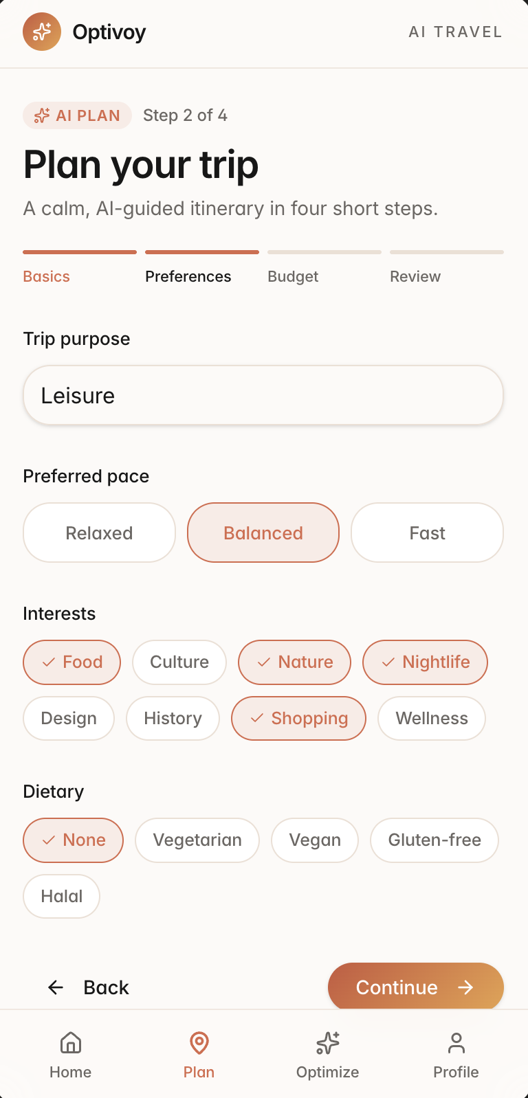 Plan step 2 of 4, Preferences: pace, purpose, interests and dietary chips with selected states